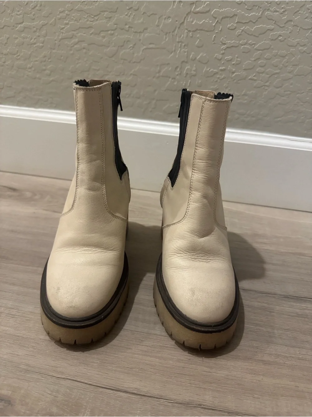 Free People Cream Chelsea Platform Boots with Black Elastic Panels